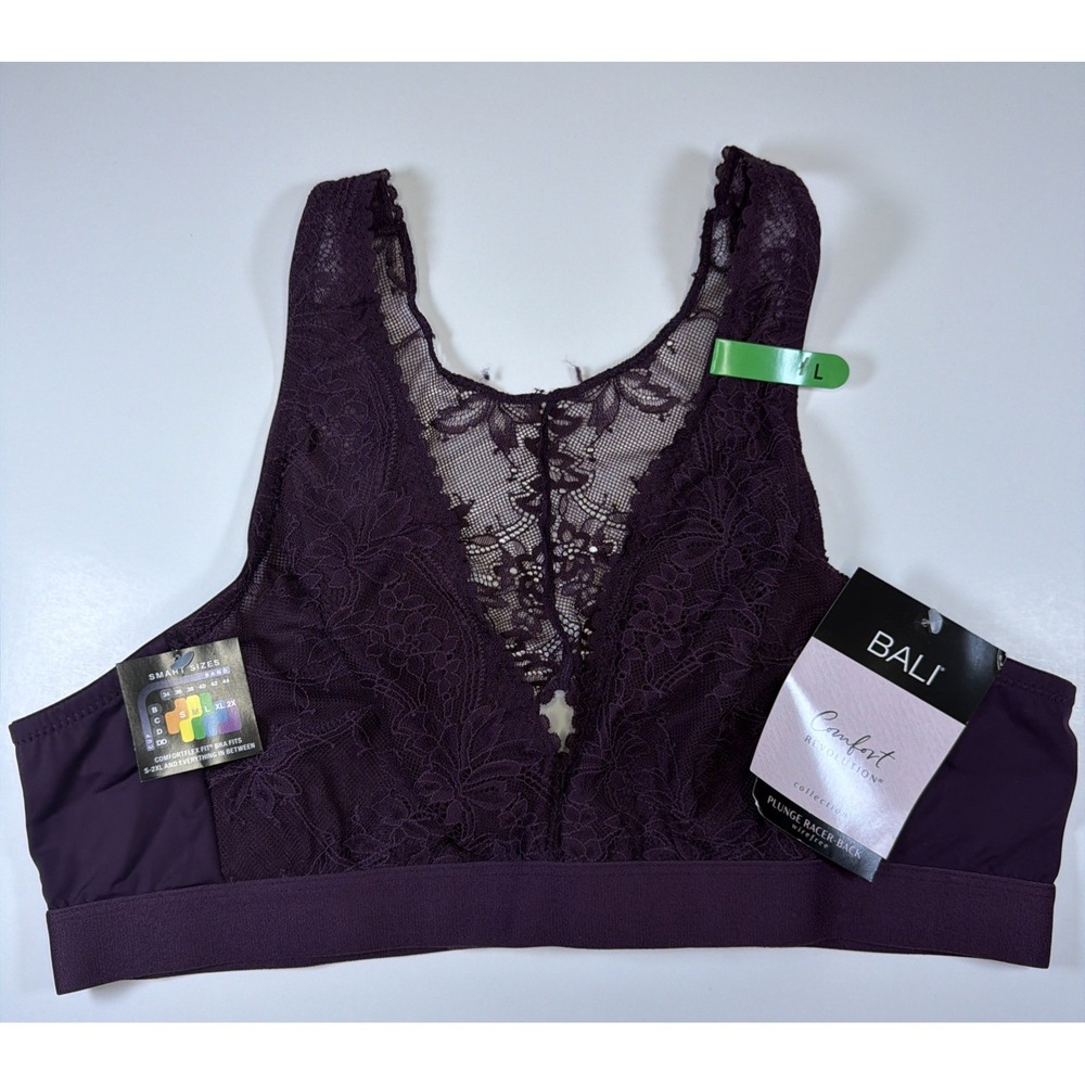 Bali Comfort Revolution Plunge Racer-Back Bra WireFree Large Purple DF6593 NEW